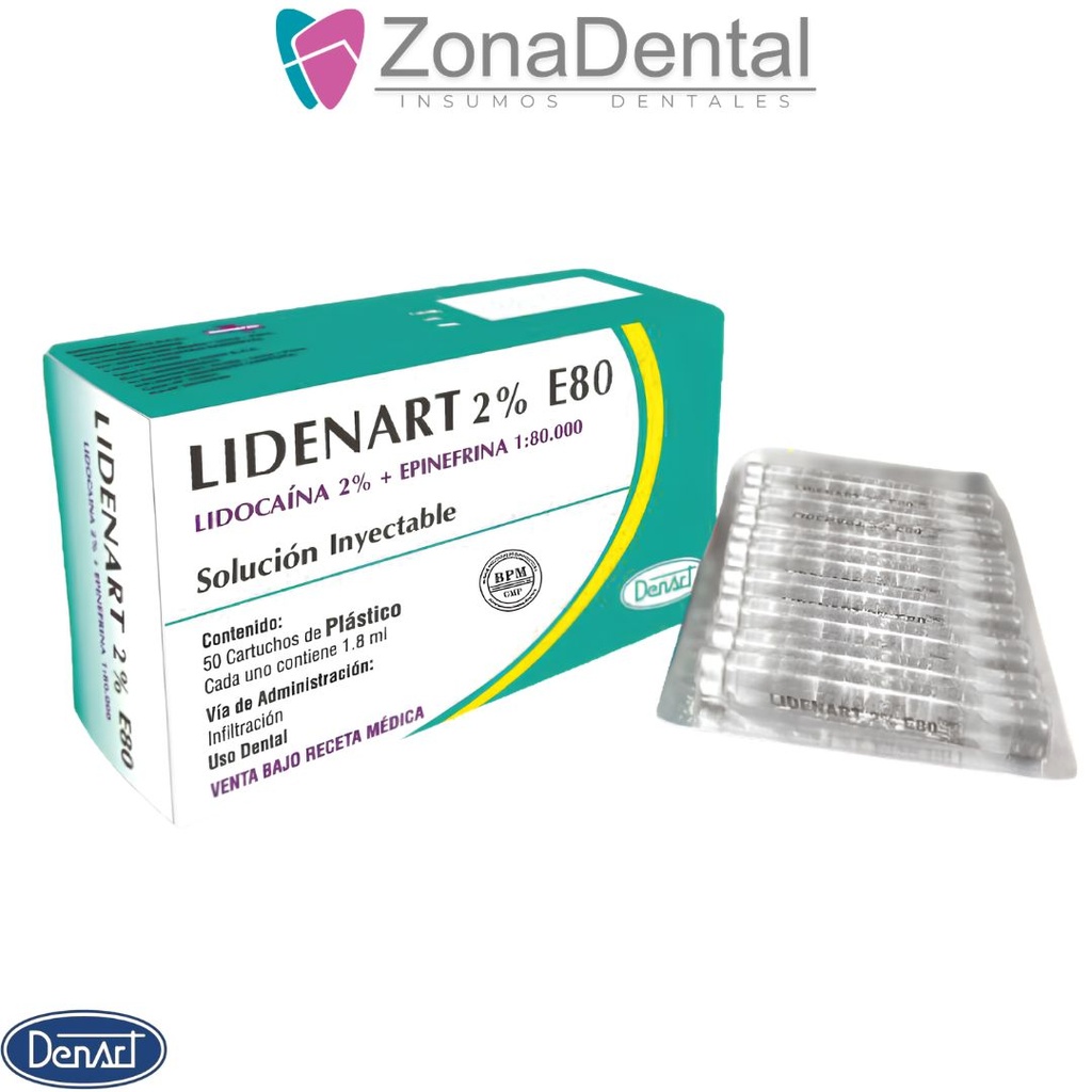 LIDENART  LIDOCAINA 2% CON EPINEFRINA 1:80 ANESTESIA PLASTICO 50un. DENART