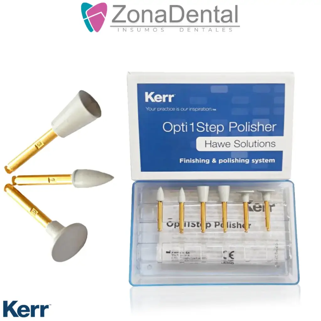 PUNTAS PULIDO RESINA KIT OPTI1STEP 6 un (2 llama, 2 copa, 2 disco) KERR