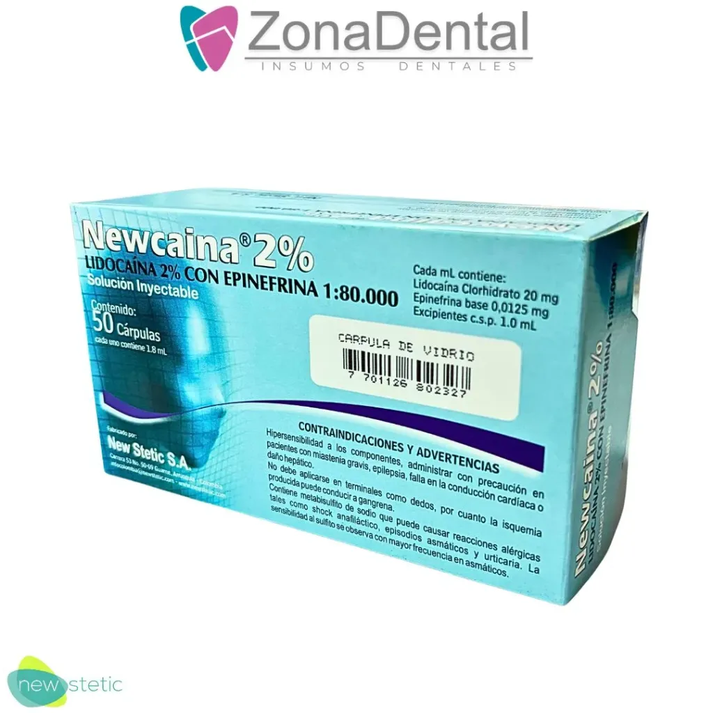 NEWCAINA LIDOCAINA 2% CON EPINEFRINA 1:80 ANESTESIA VIDRIO 50un  NEW STETIC